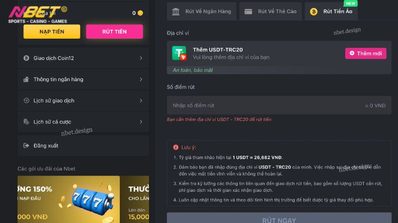 Các bước rút tiền Nbet qua tiền ảo